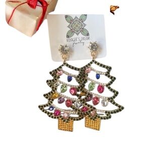 Christmas Tree‎ BLING Holiday Drop Earrings Lights Rhinestones Dangle Large NEW
